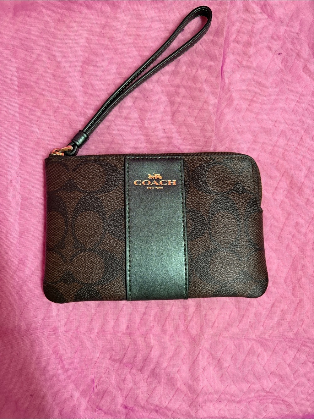 Coach Brown Signature Monogram Wristlet with Black Center Stripe